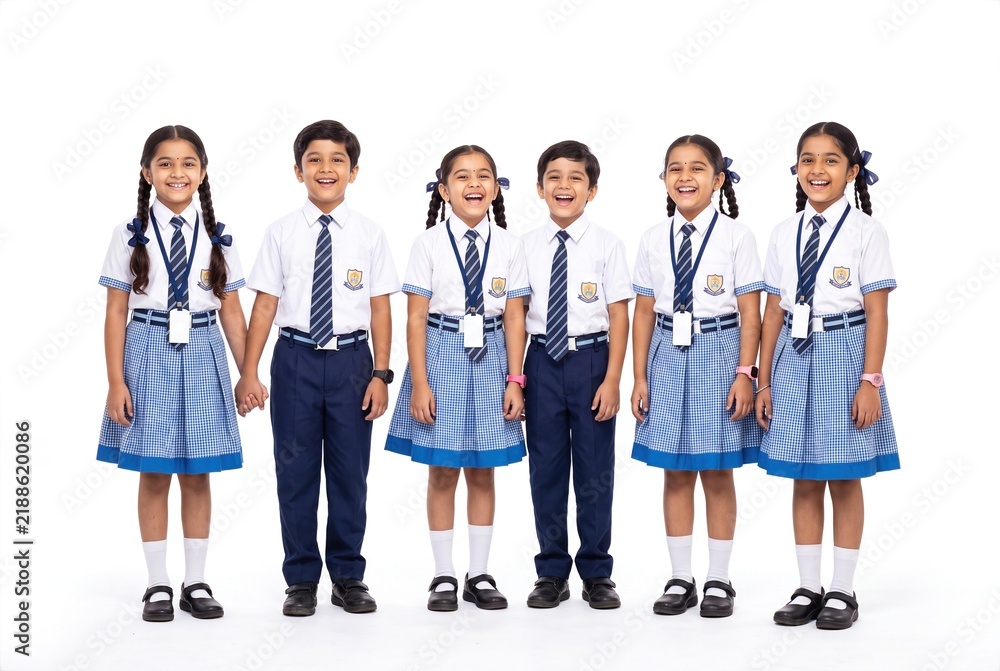 Obraz premium Group of Cheerful Indian School Kids in Matching Uniforms Laughing Together Against a White Background