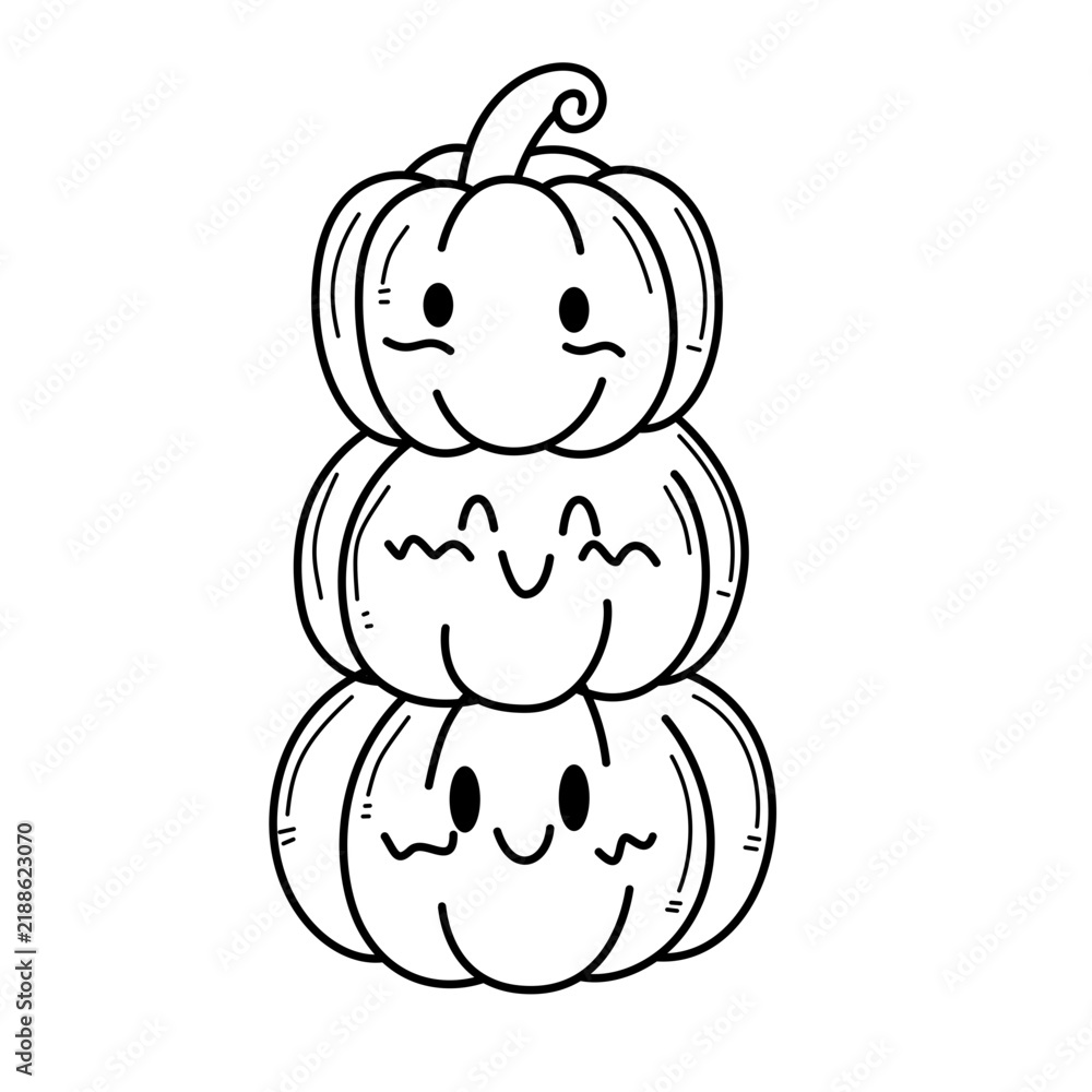 Obraz premium Stacked jack o lantern pumpkins line art vector illustration. Spooky halloween pumpkin tower clipart isolated.