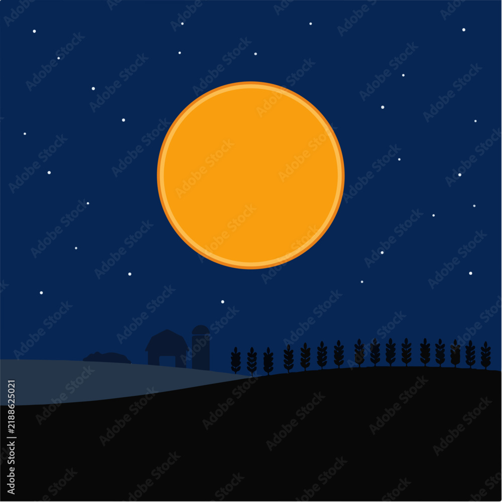 Fototapeta premium Harvest moon glowing in night sky over farm silhouette. Minimalist flat design vector illustration. Autumn rural landscape background