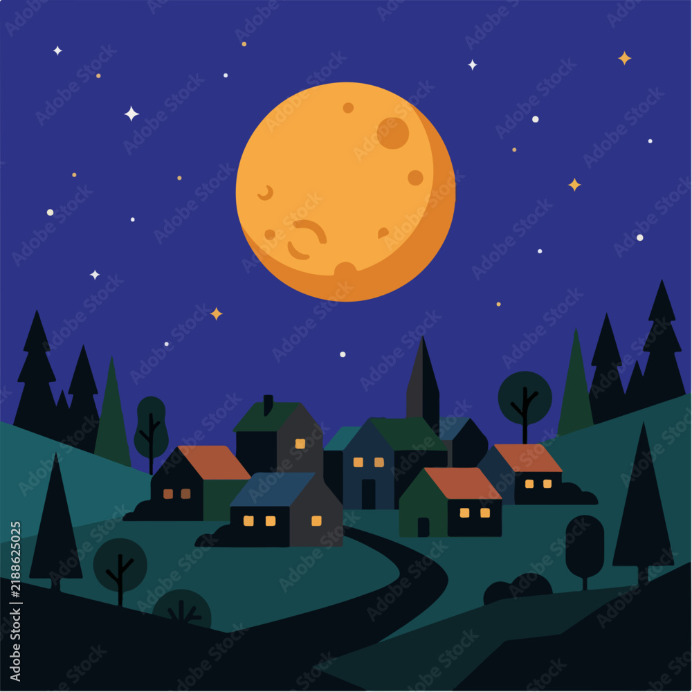 Fototapeta premium Harvest moon over sleeping village. Flat design vector illustration of rural night landscape. Cozy autumn countryside concept