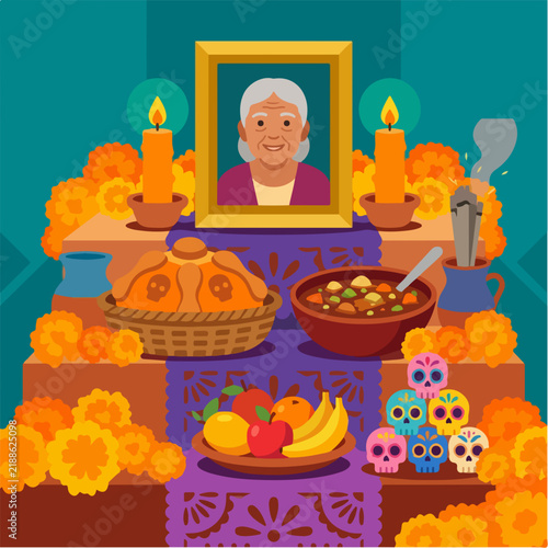 Mexican ofrenda with portrait and favorite foods. Day of the Dead altar with sugar skulls. Flat design vector illustration