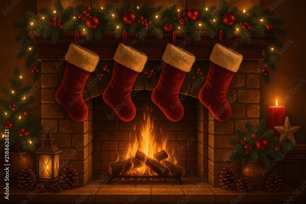 Obraz premium Cozy festive fireplace background