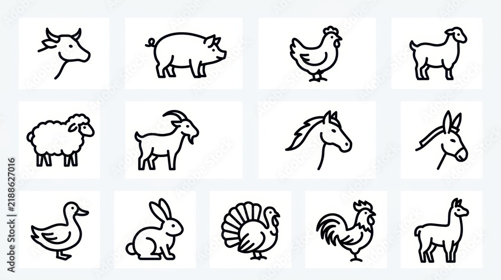 Fototapeta premium Set of Minimalist Farm Animal Line Icons Including Cow, Pig, Chicken, Sheep, Horse, and Goat for Agricultural Design
