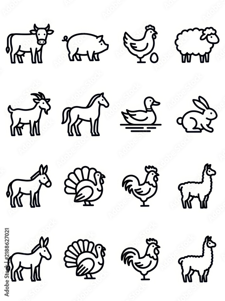 Fototapeta premium Minimalist Farm Animal Icon Set Featuring Cow Pig Chicken Sheep Horse Goat Duck Rabbit Donkey Turkey and Llama Line Art
