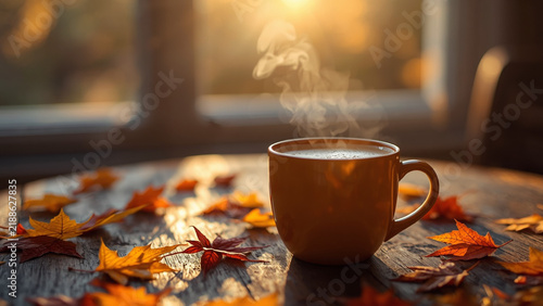 Hot coffee cup with autumn maple leaves