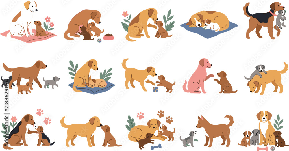 Fototapeta premium Cute Dog and Puppy Family Cartoon Character Set with Mother and Baby, Pet Vector Illustration Collection for Design