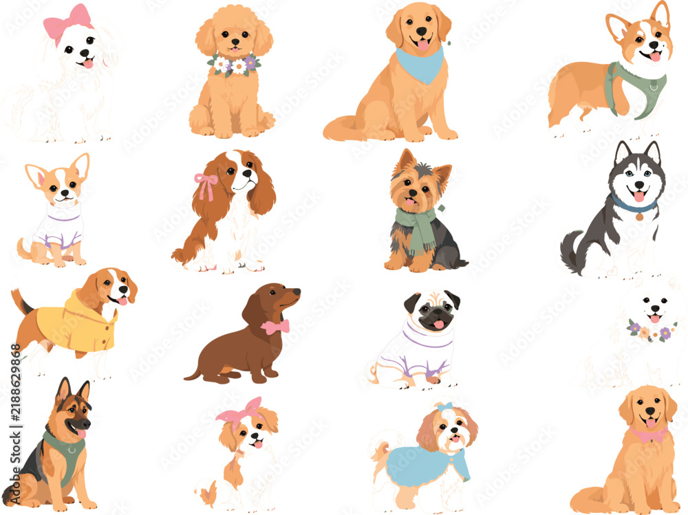 Fototapeta premium Cute Dog Breed Cartoon Character Set with Poodle, Corgi, Husky and Chihuahua Wearing Bow and Scarf, Pet Vector Illustration