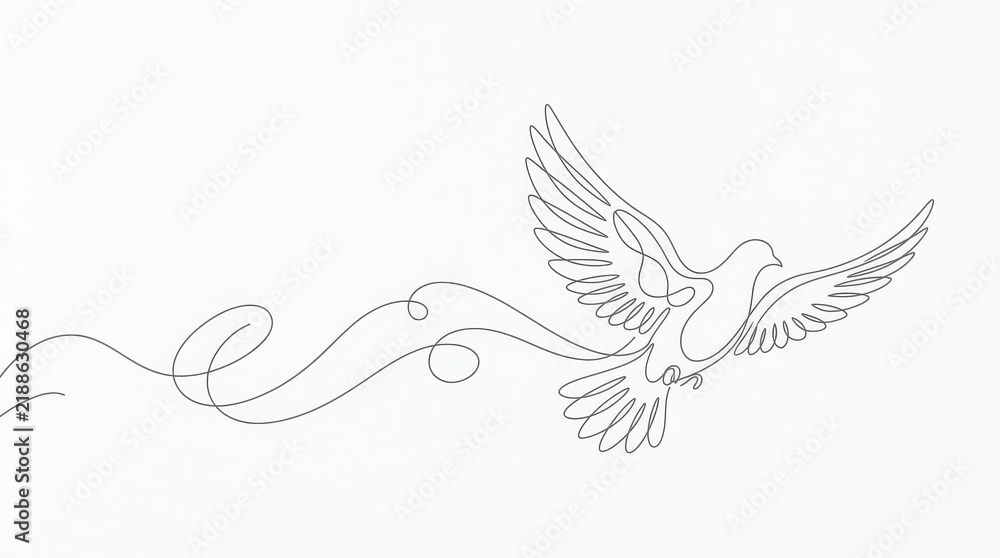 Obraz premium Minimalist Continuous One Line Drawing of a Flying Dove Bird Symbolizing Peace and Freedom on White Background