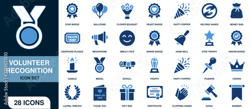 Volunteer recognition icon set, collection of 28 award and appreciation vector icons for nonprofit, community service, and achievement