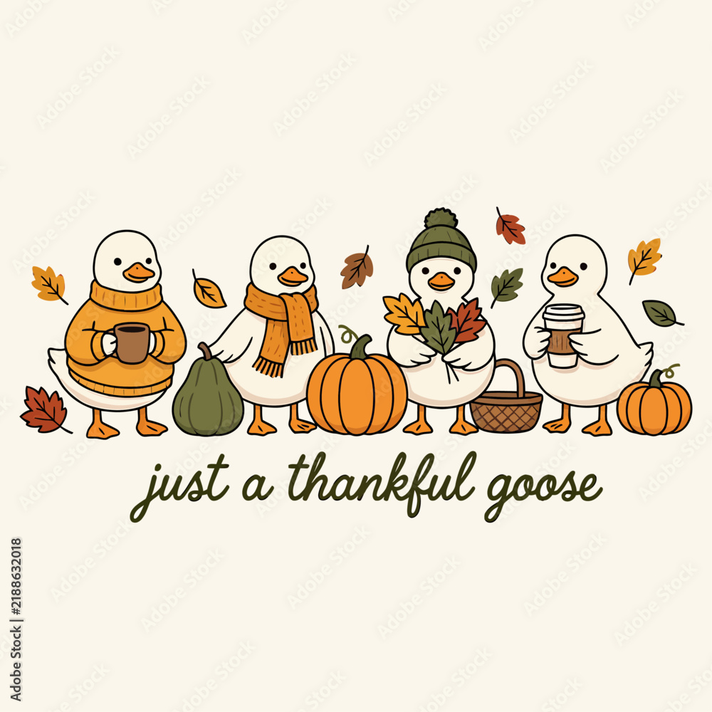 Naklejka premium Four cartoon geese with autumn accessories depict a fall harvest scene goose.