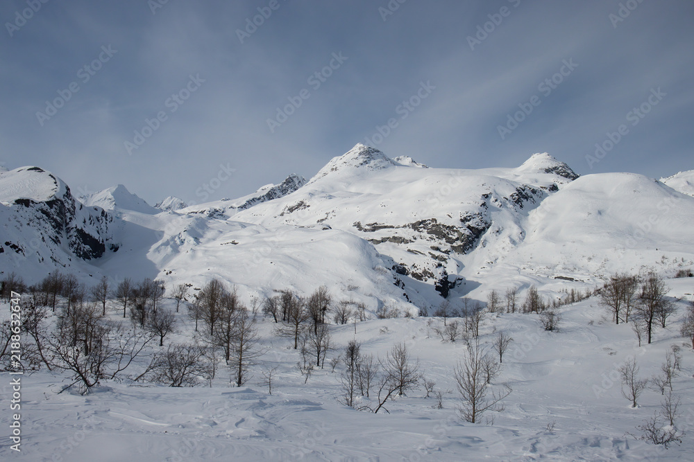 Obraz premium Snowy mountain below cloudy sky in Alaska 