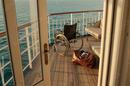 A sleek black manual wheelchair sits poised on a weathered wooden ship deck balcony, its occupant nowhere to be seen as the vast ocean stretches out in the distance.