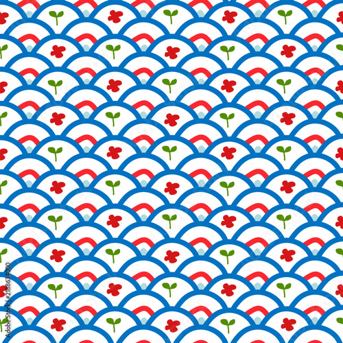 Abstract geometric seamless pattern overlapping leaves and flowers on half circles. Japanese-style colorful wave. Geometric texture for clothing, textiles, cards, stationery, phone cases, paper gifts,