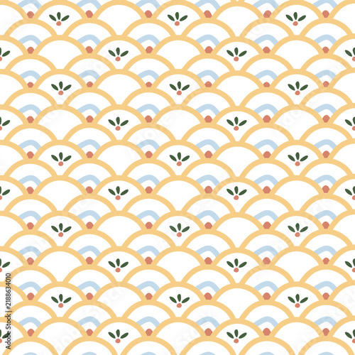Abstract geometric seamless pattern overlapping leaves and flowers on half circles. Japanese-style colorful wave. Geometric texture for clothing, textiles, cards, stationery, phone cases, paper gifts,