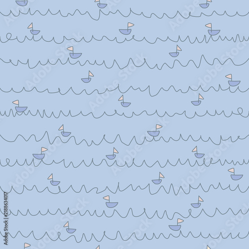 Hand-drawn ship or boat on a sea or water waves seamless pattern. Marine commercial design for fabric, wallpaper, stationery, wrapping, card, and phone cases.