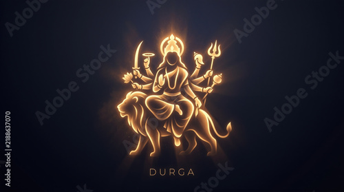 Hindu goddess Durga riding lion glowing golden light outline on dark background