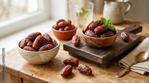Sweet dried date fruits served in bowls on a wooden cutting board and table, accompanied by a glass of water and pitcher.