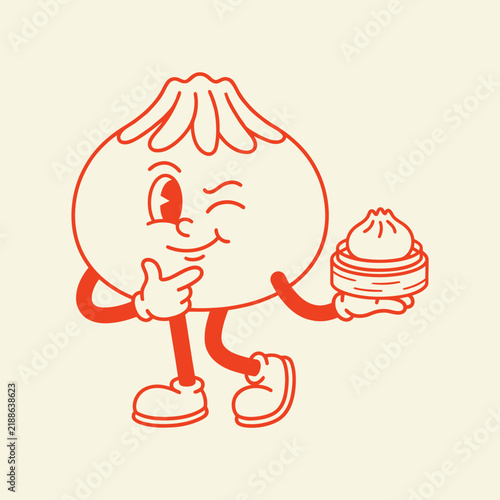 Retro Cartoon Dumpling Character Holding a Steamer Basket.