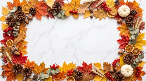 Autumn Flat Lay Frame with Pumpkins Pinecones and Foliage on White Marble