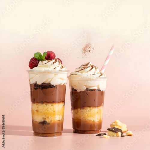 Chocolate and Raspberry Parfait Milkshake Desserts in Clear Plastic Cups