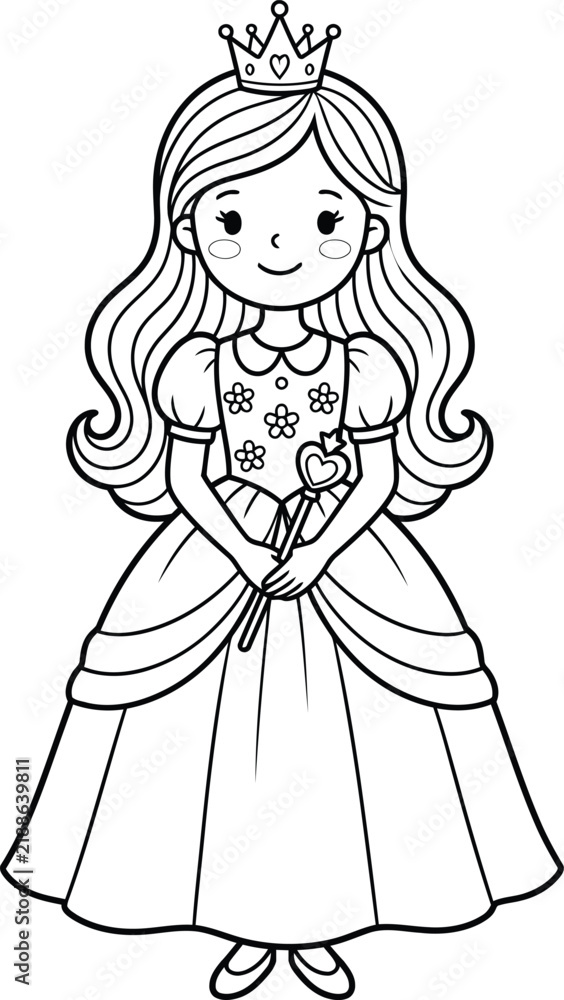 Fototapeta premium Adorable princess with crown and wand black and white line art isolated on transparent background