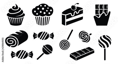 Black and white set of sweets, desserts, candies, cupcakes, lollipops, cake slice, and chocolate bars on white background