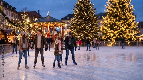 Family and friends ice skating at a festive Christmas market with illuminated trees and stalls