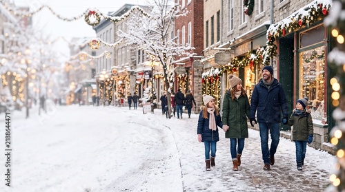 Happy family walking on a snowy street decorated for Christmas holidays with lights and garlands