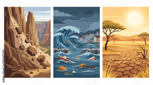 Three distinct vector graphic illustrations showing natural disasters including landslide tsunami wave and severe desert drought