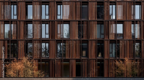 Modern architectural facade with vertical wooden slat window design pattern