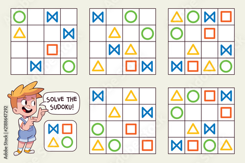 Set of picture sudoku puzzles with colored shapes - square, circle, triangle, bowtie. Kids place each symbol once per row and column. Fun printable logic worksheet.