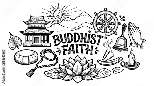 Buddhist Faith Symbols Hand Drawn Illustration