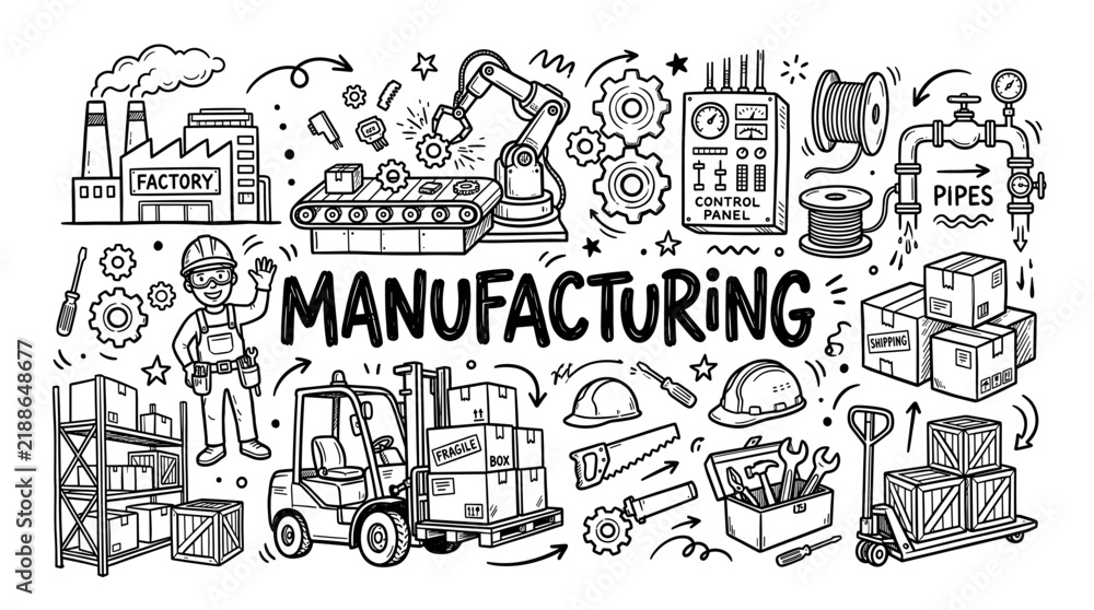 Fototapeta premium Hand Drawn Manufacturing Industry Doodle Set