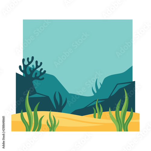 Underwater scene with coral reef and seaweed on sandy ocean floor illustration