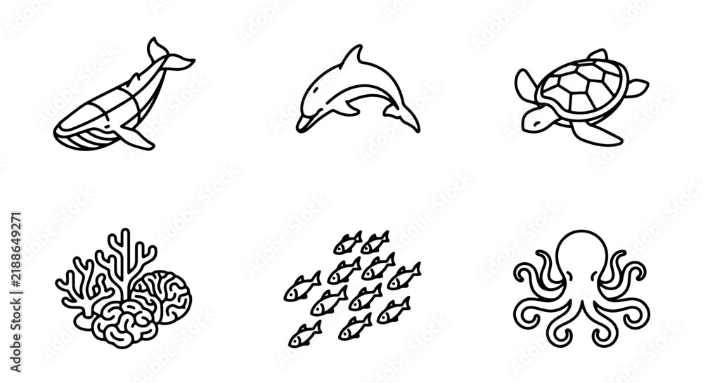 Obraz premium Oceanic Icons Set: Whale, Dolphin, Turtle, Octopus, Fish School, Coral Reef Graphics
