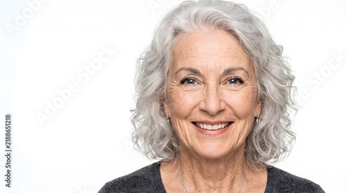 A smiling mature woman with curly grey hair looking directly at the camera against a plain white background