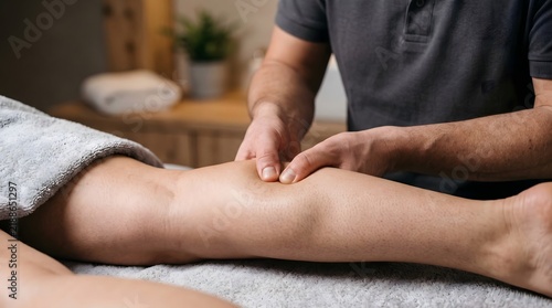 A professional therapist giving a relaxing leg massage to a client in a spa setting.