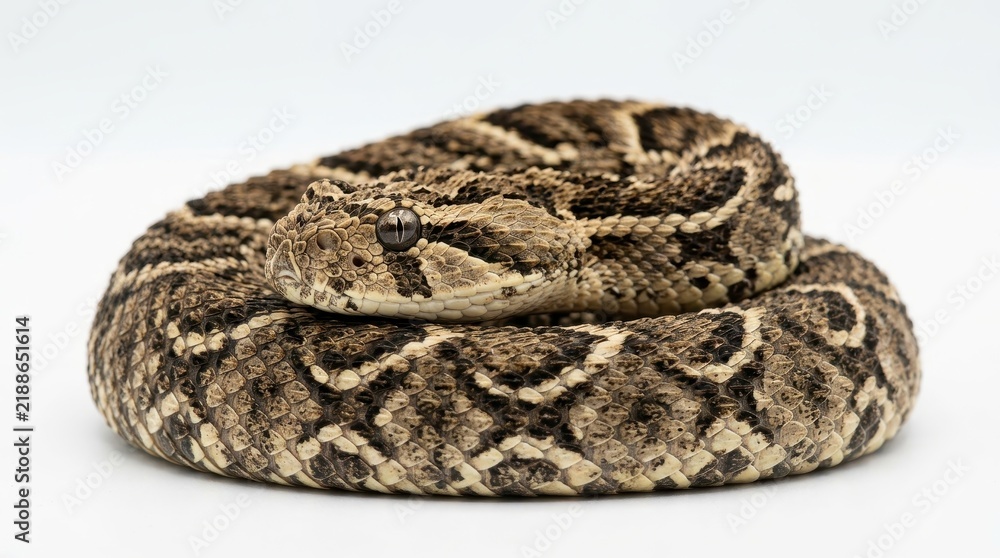 Obraz premium Close-up of a coiled Puff Adder snake (Bitis arietans) with detailed scale patterns isolated on a white background
