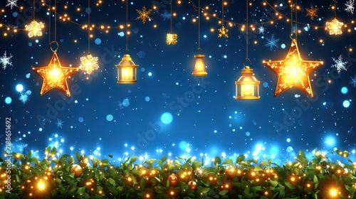A festive scene glimmers with sparkling stars and glowing lanterns amidst blue hues
