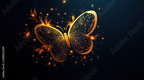 A shimmering butterfly spreads its wings gracefully amid glowing stars and flowers