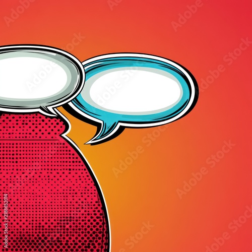 Two empty speech bubbles float against a colorful backdrop inviting words and ideas