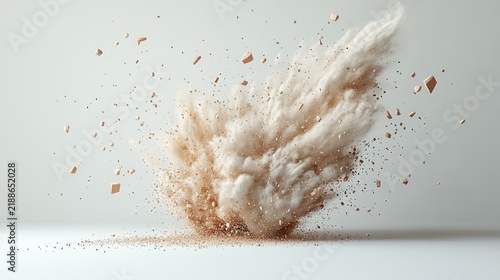 A powerful burst of dust and particles erupts against a plain background creating drama
