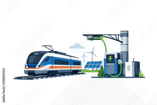 Electric train at eco-friendly charging station with solar panels and wind turbines