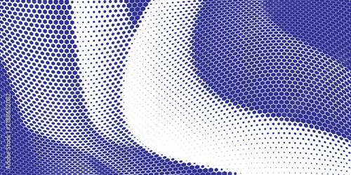 Blue and white halftone hexagon pattern background vector abstract curved wave mesh texture