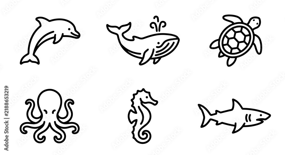 Obraz premium Ocean Life Icons: Dolphin, Whale, Turtle, Octopus, Seahorse, Shark Vector Set