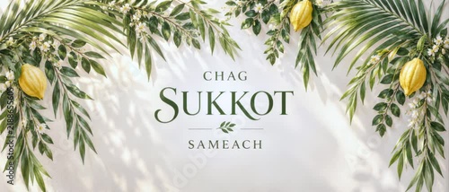 Sukkot chag sameach inscription with etrog fruit, lulav palm leaves citrus blossoms
