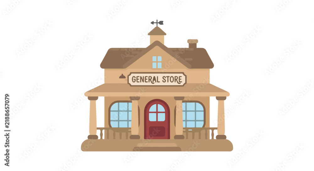 Obraz premium A quaint general store building is depicted in a flat vector illustration with a white background