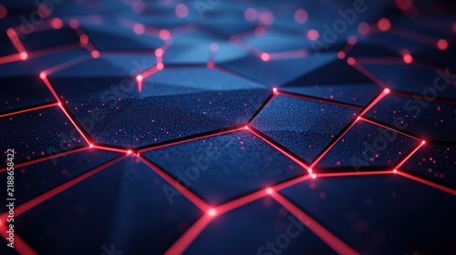 Bright geometric shapes create a striking visual pattern enhanced by glowing red accents