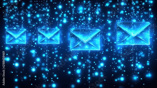Four glowing envelopes shimmer against a backdrop of bright blue particles in space