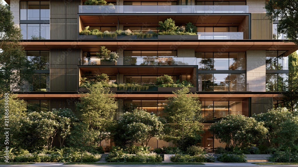 Obraz premium Modern urban residential building with glass balconies and green plants